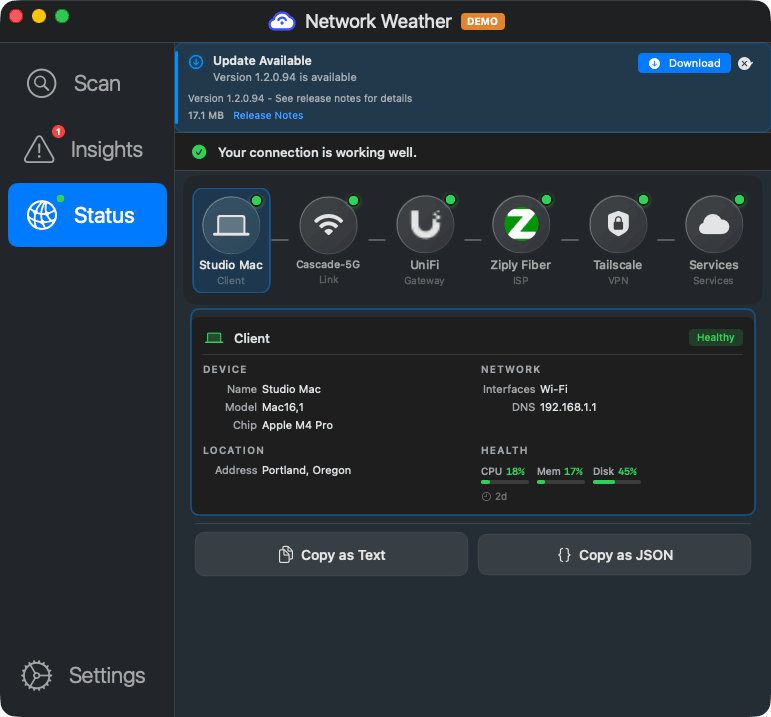 Network Weather Status tab showing healthy network topology from client through WiFi, gateway, ISP, VPN, to services
