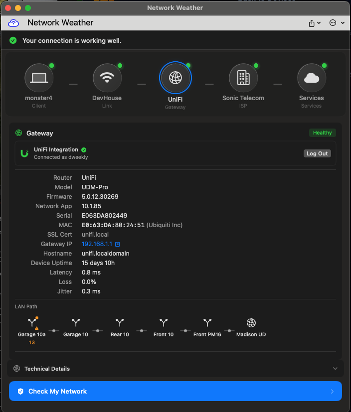 Network Weather connected to a UniFi UDM-Pro showing firmware version, latency, loss, jitter, and LAN path topology