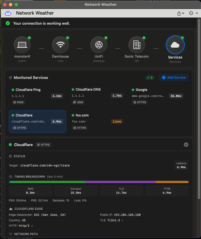 Network Weather monitoring Cloudflare, Google, and custom services with latency timing breakdown