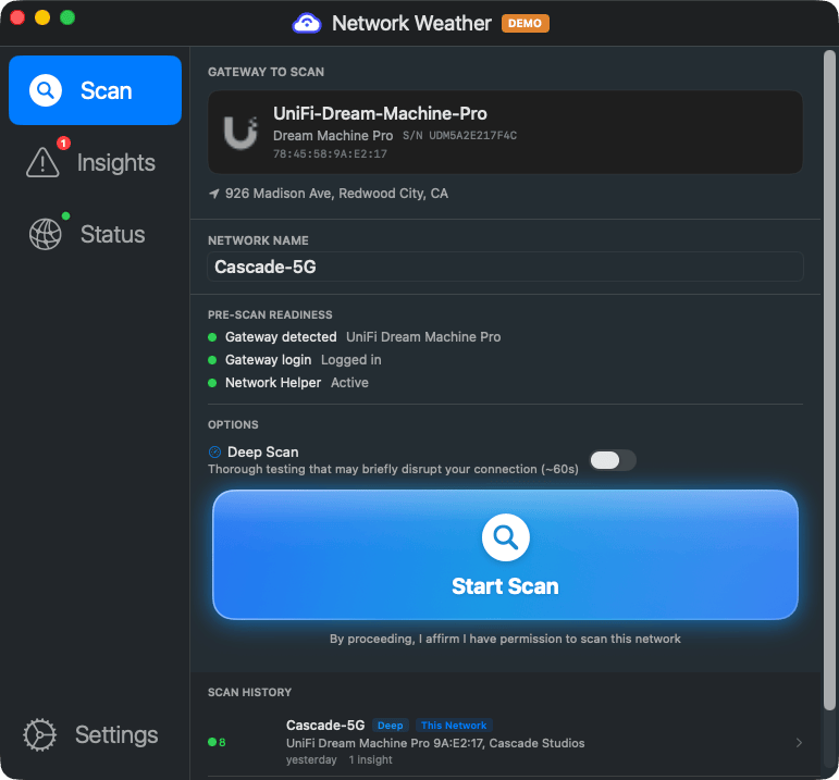 Network Weather Scan tab showing UniFi Dream Machine Pro with firmware version, model, and network details