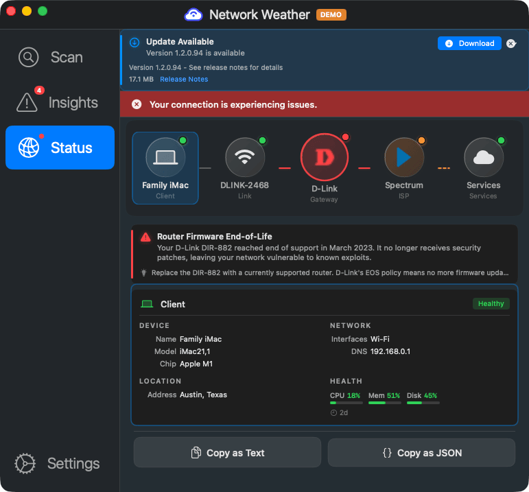 Network Weather Status tab showing network topology with router firmware end-of-life warning and per-hop latency metrics